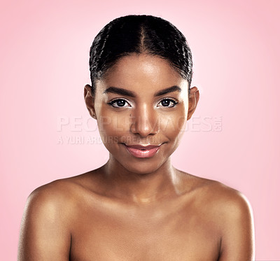 Buy stock photo Portrait of woman, skincare and face on pink background, studio and clean dermatology results. Happy african, female model and natural beauty with confidence, glowing skin and aesthetic cosmetics 