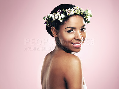 Buy stock photo Portrait of happy woman, flowers and crown in studio, pink background and aesthetic of natural beauty, mockup and glow. Face of african model, skincare and floral hair wreath for eco friendly makeup 