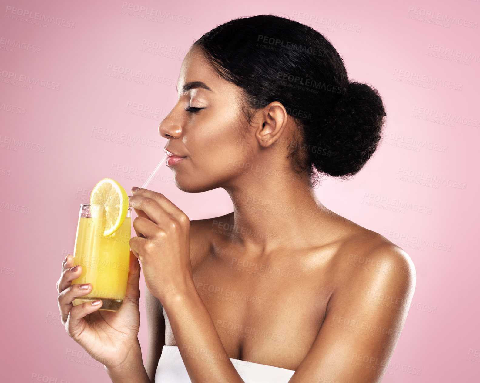 Buy stock photo Face of woman, orange juice and drink in studio, pink background and detox for healthy skincare. African model, citrus smoothie and vitamin c fruits for nutrition benefits, natural beauty or wellness