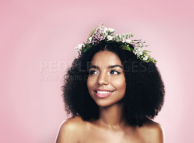 Buy stock photo Woman, thinking and flower crown for beauty in studio, pink background and mockup of natural hair or skincare. Face, happy african model and daydream with floral wreath for sustainable cosmetic ideas