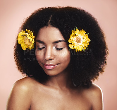 Buy stock photo Woman, hair care and yellow flowers in studio background for natural beauty, floral aesthetic or shine. Face of african model, skincare and daisy plants in afro for sustainability, cosmetics and glow