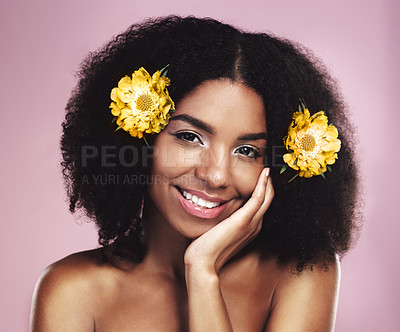 Buy stock photo Portrait, face and happy woman with flowers in afro, studio and pink background for beauty, floral aesthetic and shine. African model, natural skincare and daisy plants in hair for organic cosmetics