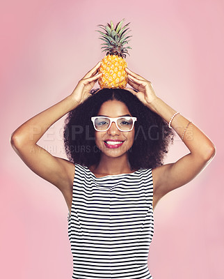 Buy stock photo Studio, portrait and black woman with pineapple, diet and detox on pink background. Health, nutrition and gut digestion for weight loss and vitamins for female model, vegan and vitamin c for fiber