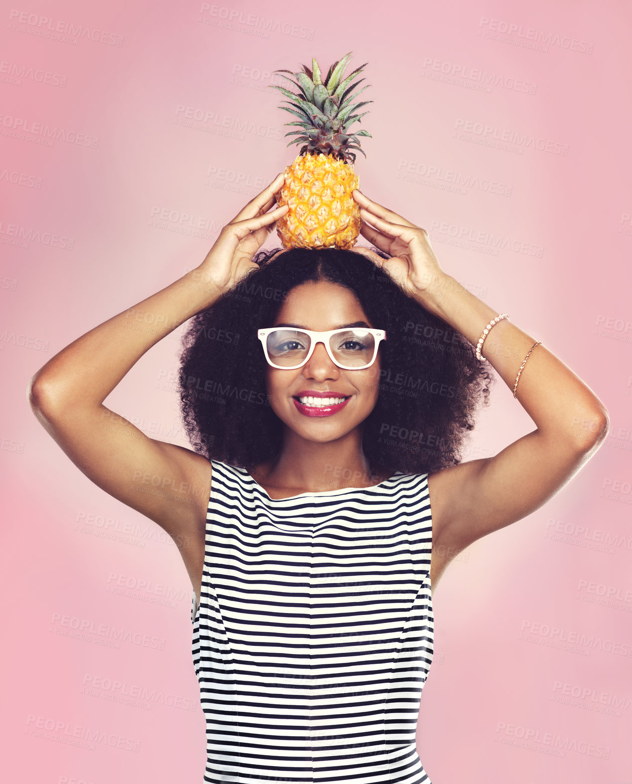 Buy stock photo Studio, portrait and black woman with pineapple, diet and detox on pink background. Health, nutrition and gut digestion for weight loss and vitamins for female model, vegan and vitamin c for fiber