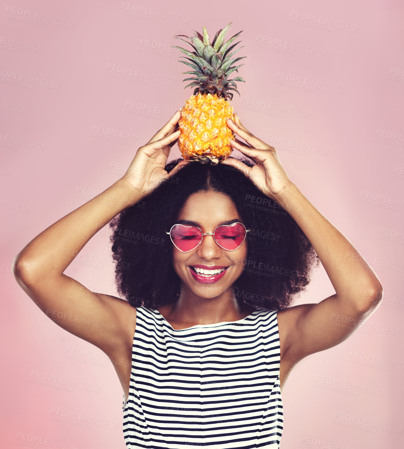 Buy stock photo Studio, smile and black woman with pineapple, detox and diet on pink background. Health, nutrition and gut digestion for weight loss and vitamins for female model, vegan and vitamin c for fiber