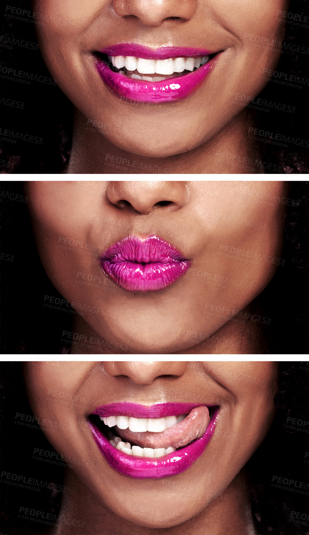 Buy stock photo Pink lipstick, lips and collage in studio for fashion, woman and expression with black background. Mouth, teeth and kiss or close up on face for smile, passion and quirky attitude with glossy color