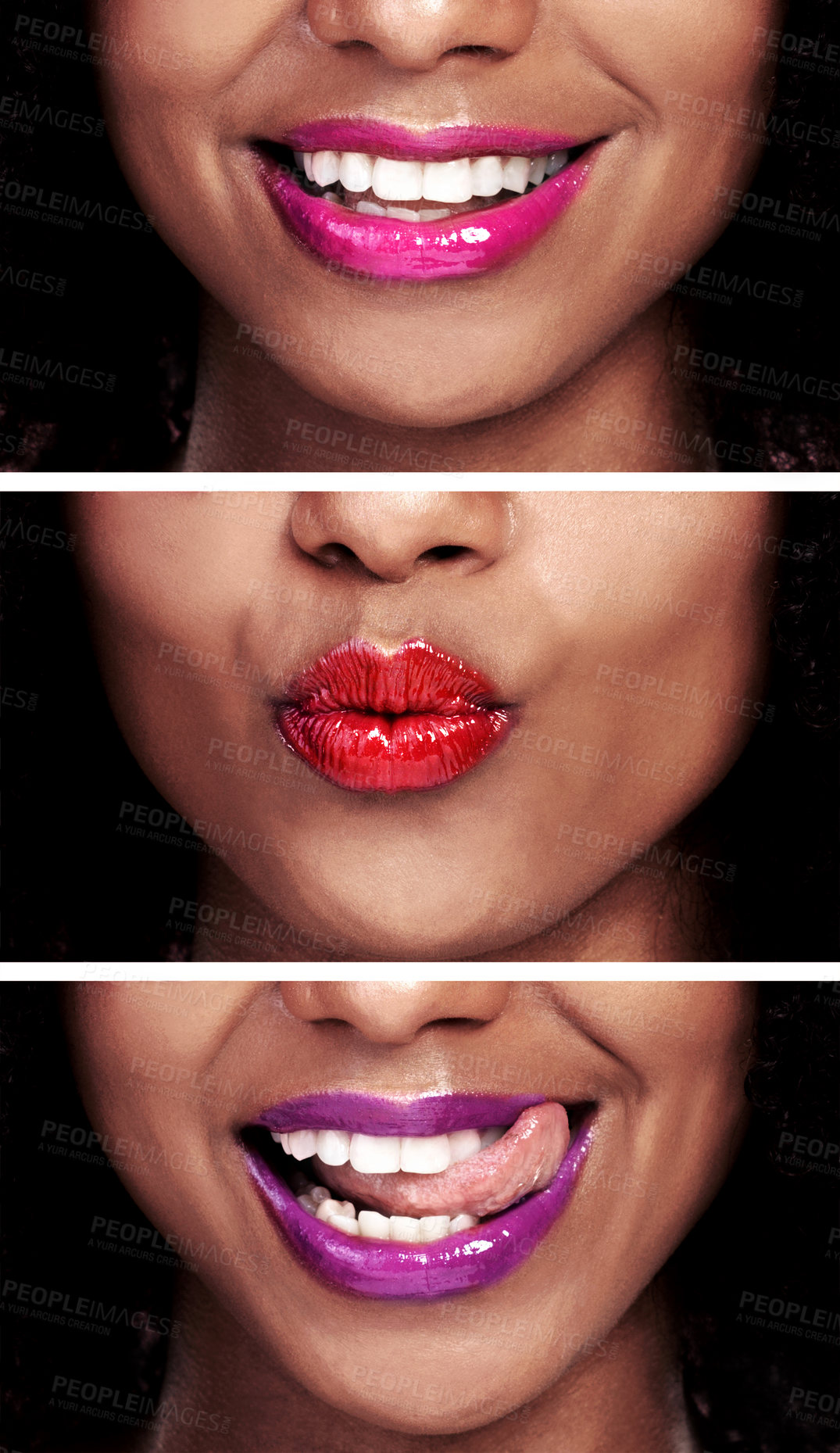 Buy stock photo Collage, woman and lipstick with different shades by dark background for beauty, pout and smile expression. Studio, female model and cosmetics on lips, closeup and aesthetic style as transformation