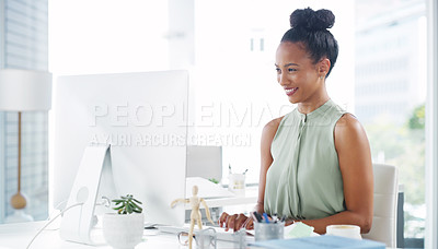 Buy stock photo Businesswoman, computer and office smile as graphic designer for digital drawing, creative agency or project. Female person, website and market research for proposal brief, brainstorming or network