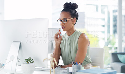 Buy stock photo Administrator, office and business woman on computer thinking, planning and schedule for company on technology or research. Receptionist, system administration and vision, working on company website