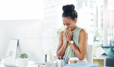 Buy stock photo Sick, allergy and blowing nose with business woman in office for illness, virus and hay fever. Sneeze, allergies and tissue with female employee at desk for cold, disease and influenza infection