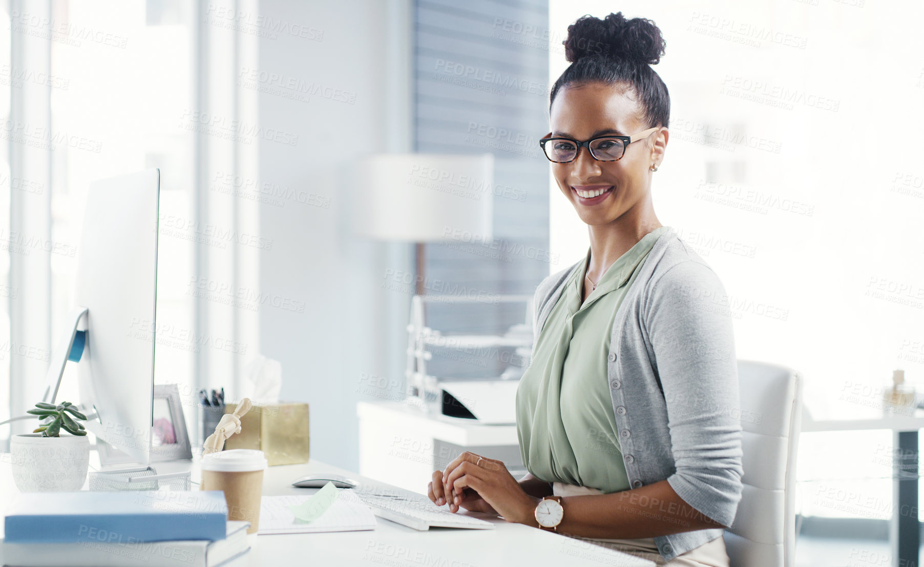 Buy stock photo Black woman, portrait and happy with computer in home office for online research and information as copywriter. Female person, smile and remote work as freelancer with technology and pride.
