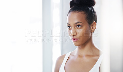 Buy stock photo Skincare, mirror and beauty with woman in bathroom for morning, cleaning and mockup space. Self care, glow and face with reflection of female person at home for wellness, hygiene routine and grooming