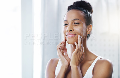 Buy stock photo Woman, face and mirror with lotion for beauty, moisturizer and cosmetic product with morning routine in bathroom. Female person apply cream to skin, skincare and dermatology at home with mockup space