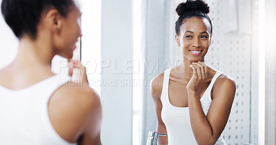 Buy stock photo Smile, mirror and beauty with woman in bathroom for skincare, cleaning and morning. Self care, glow and face with reflection of female person at home for wellness, hygiene routine and grooming