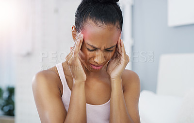 Buy stock photo Woman, pain and migraine pressure in home with red overlay for brain fog, vertigo or headache. Female person, hands and stress inflammation for fatigue or mental health anxiety, overworked or hurt