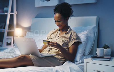 Buy stock photo Credit card, woman and night in a bed with online shopping and happiness from purchase. Bedroom, internet store and ecommerce deal of a African female person in a home trying to pay on a web app