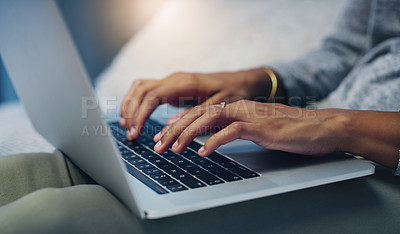 Buy stock photo Writer, house or hands of person on laptop for networking on email or online research in remote work. Typing closeup, communication or editor copywriting on blog website, feedback or internet article