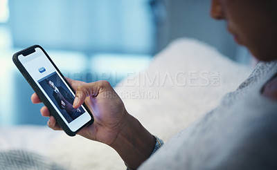 Buy stock photo Website, dating app and phone screen with hand of woman for social media, date and communication. Digital, technology and internet with closeup of person in bed at home for profile, user and contact
