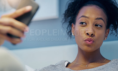 Buy stock photo African woman, selfie and bedroom in home, night and pouting with beauty for social media app. Influencer girl, content creator and photography for profile picture in bed for blog, web or internet