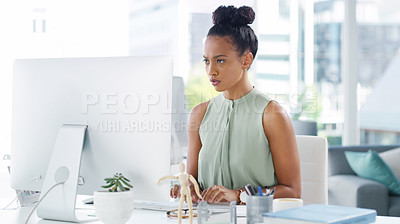 Buy stock photo Businesswoman, computer and office professional as graphic designer for digital, creative agency or project. Female person, website and market research for proposal brief, brainstorming or network