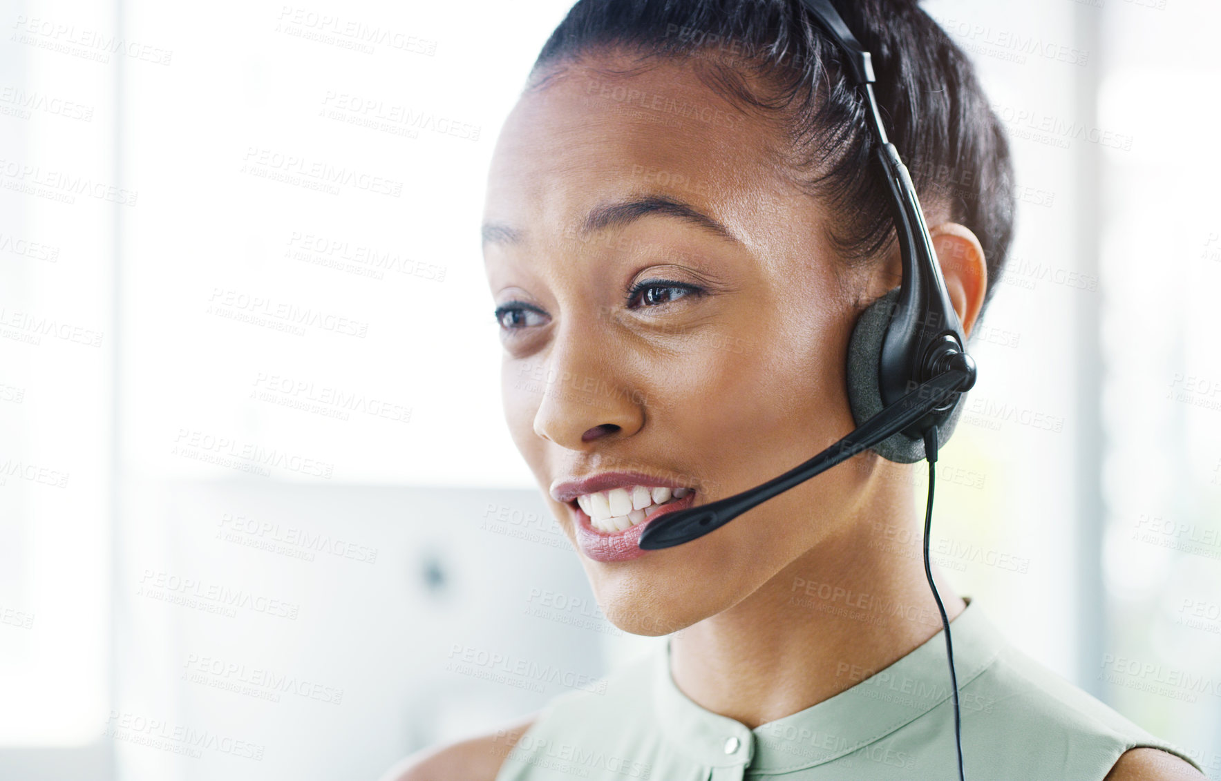 Buy stock photo Woman, face and callcenter with headset and call, CRM and happy consultant with tech support and contact us. Customer service, telemarketing and female agent on help desk, talking and mockup space