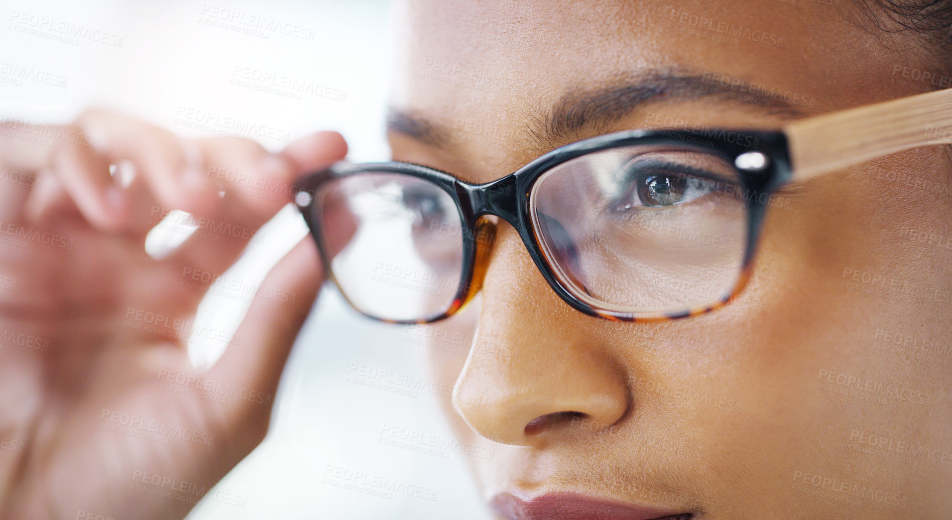 Buy stock photo Woman, closeup of glasses and vision with eye care, prescription lens and frame with optometry and health. Eyesight, designer eyewear and female person with spectacles, ophthalmology and wellness
