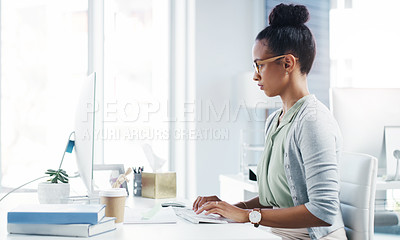 Buy stock photo Administrator, working and business woman on computer thinking, planning and schedule for company on technology. Receptionist, system administration and vision, research for website in office