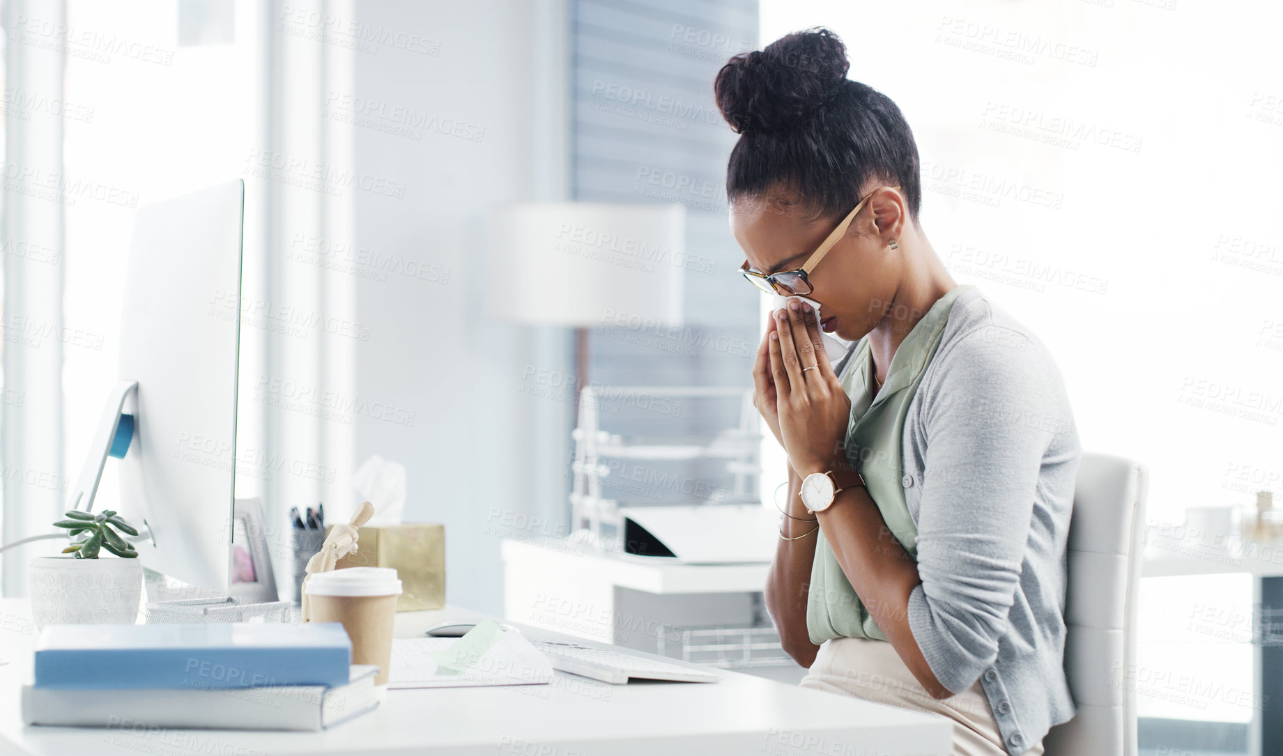 Buy stock photo Sneeze, allergy and blowing nose with business woman in office for illness, virus and hay fever. Sick, allergies and tissue with female employee at desk for cold, disease and influenza infection