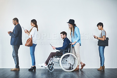 Buy stock photo Employment, people or waiting in office for recruitment with inclusion, tech or company hiring. Group diversity, candidates or man with disability in line for equality at interview at human resources