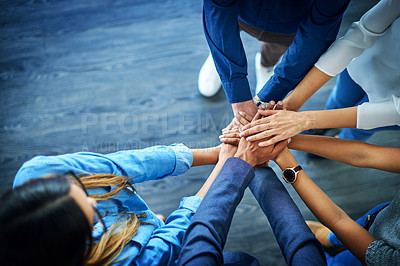 Buy stock photo Top view, business and group with hands together, support and collaboration with teamwork, partnership and goals. Staff, team and coworkers with brainstorming, target and innovation with cooperation