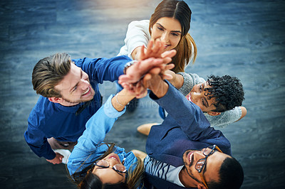 Buy stock photo Group, business people and high five in huddle for collaboration, support or diversity in workplace. Staff, above and teamwork at company office with hands up, together for goal with solidarity