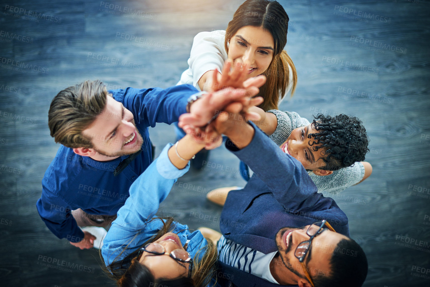 Buy stock photo Group, business people and high five in huddle for collaboration, support or diversity in workplace. Staff, above and teamwork at company office with hands up, together for goal with solidarity