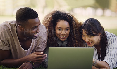Buy stock photo Laptop, students and smile of friends at park to relax on social media, learning or studying. Computer, diverse group and outdoor campus for online education, course and people at college together