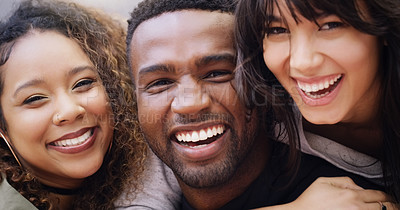Buy stock photo Comedy, diversity and portrait with funny friends closeup together for humor, joking or playful joy. Comic, face and laughing with group of excited young people having fun outdoor for bonding