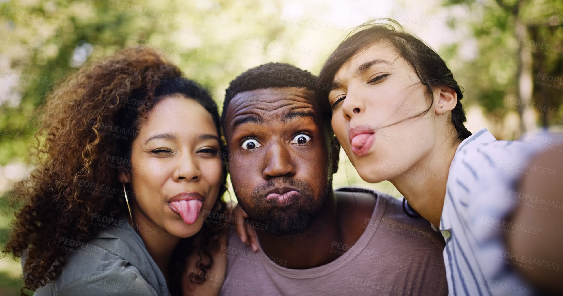 Buy stock photo Diversity, friends and happy in park selfie, pov and photography for memory or social media post. Summer, bonding and together in funny or silly portrait, friendship and internet content on vacation