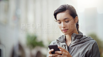 Buy stock photo Woman, using phone and social media in the city with communication and technology outdoor. Female person online in urban street, connectivity and chat on mobile app with mockup space and texting