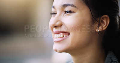 Buy stock photo Happy, smile and headshot of Asian woman outdoor in city, urban town and street with blurry background in China. Excited, student and closeup of gen z girl with vision for freedom, calm and relax