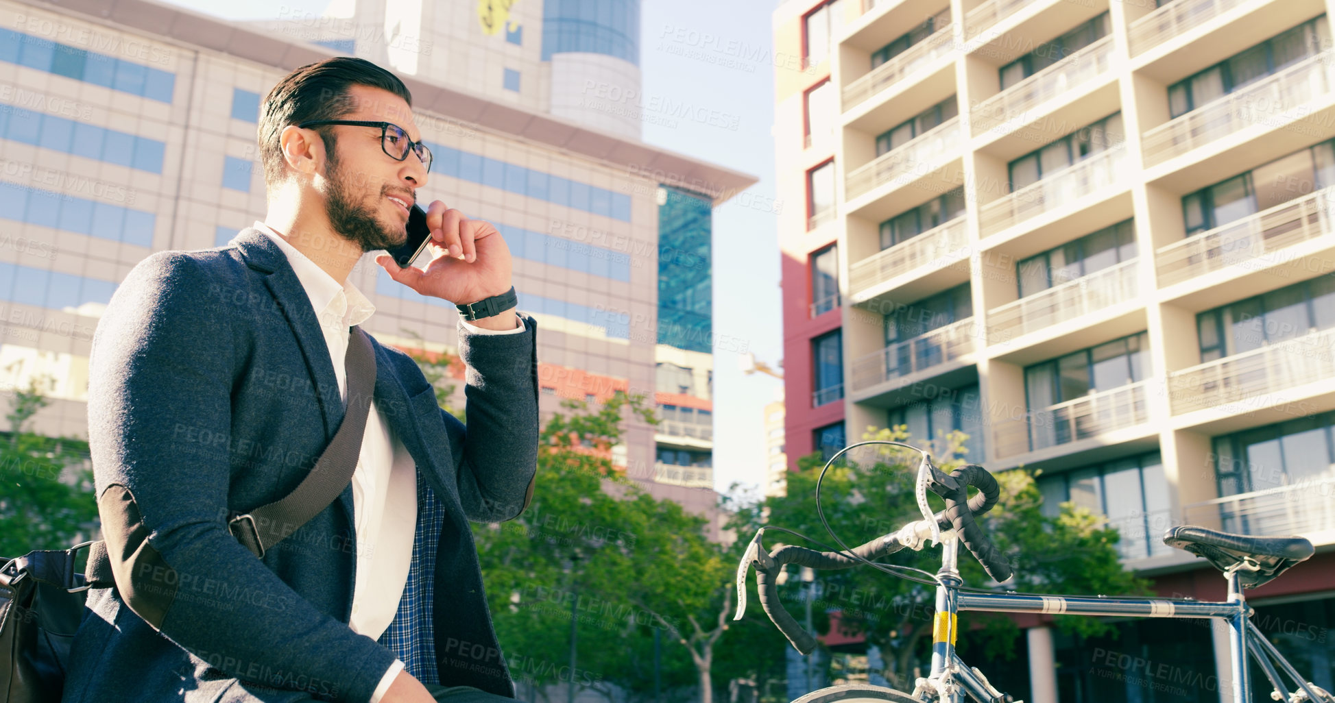 Buy stock photo Business man, phone call and bicycle in city to travel with eco friendly transport. Cellphone, bike and male professional thinking on urban street while talking, speaking and discussion on smartphone
