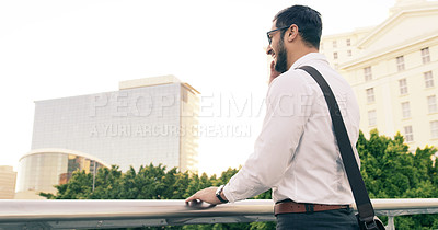 Buy stock photo Phone call, funny and business man in city, communication or conversation on mockup space. Cellphone, laughing and happy male professional talk, speaking and discussion outdoor with contact in street