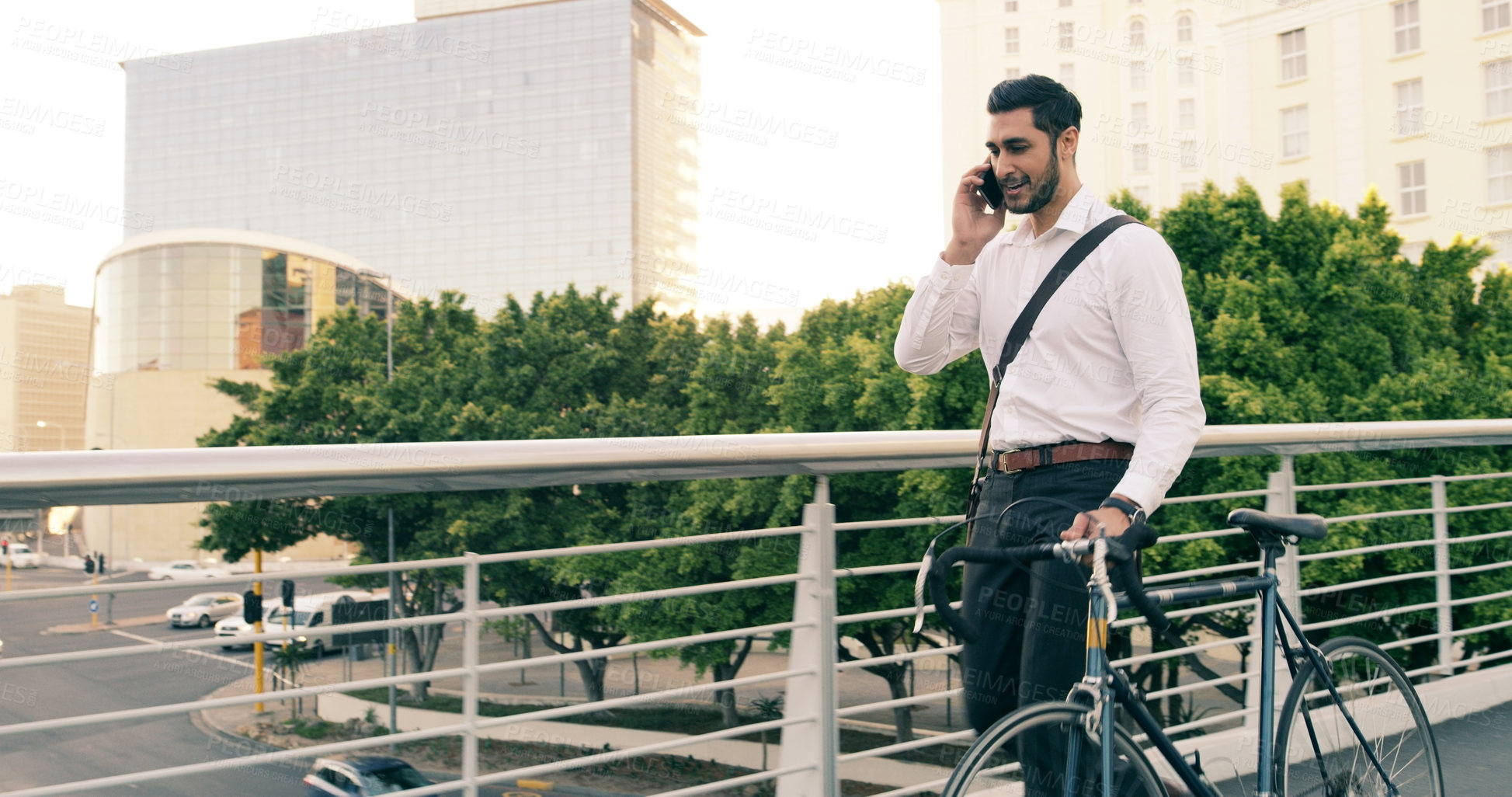 Buy stock photo Phone call, business man and bike in city to travel with eco friendly transport. Cellphone, bicycle and happy male professional talking, speaking or discussion while walking on cycling street outdoor