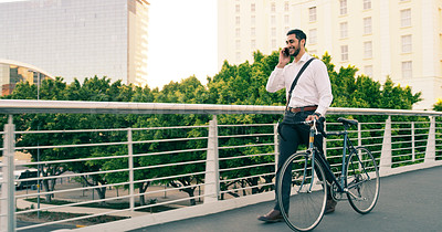 Buy stock photo Phone call, business man and bicycle in city to travel with eco friendly transport. Cellphone, bike and happy male professional talking, speaking and funny discussion while walking on street mockup.