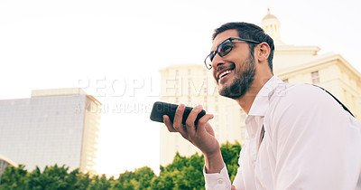 Buy stock photo Voice note, phone and business man in city, communication and conversation call on mockup. Cellphone, virtual assistant and happy male professional talking, speaking and funny discussion on street.