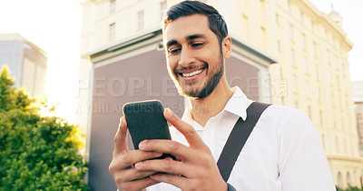 Buy stock photo Phone, search and happy businessman walking in city with social media, chat or reading blog on morning commute. Smartphone, travel and entrepreneur outdoor with web scroll, gif or meme communication