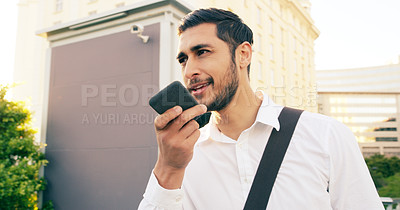 Buy stock photo Cellphone, voice note and business man in city, communication or conversation call with contact. Phone, virtual assistant and male professional talking, speaking or discussion on urban town street