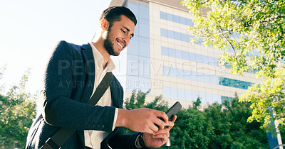 Buy stock photo Business man, city and smartphone with travel, ride share or online location with map for commute. Happy, connection and professional in urban town for transport service, taxi or drive app outdoor