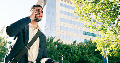 Buy stock photo Phone call, business man and smile in city, talking and speaking to contact. Cellphone, funny and male professional in urban street for discussion, communication and mobile conversation in low angle.