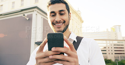 Buy stock photo Phone, smile and businessman in city with positive, feedback or interview success notification. Smartphone, search and entrepreneur outdoor checking social media, blog or sharing new job news online