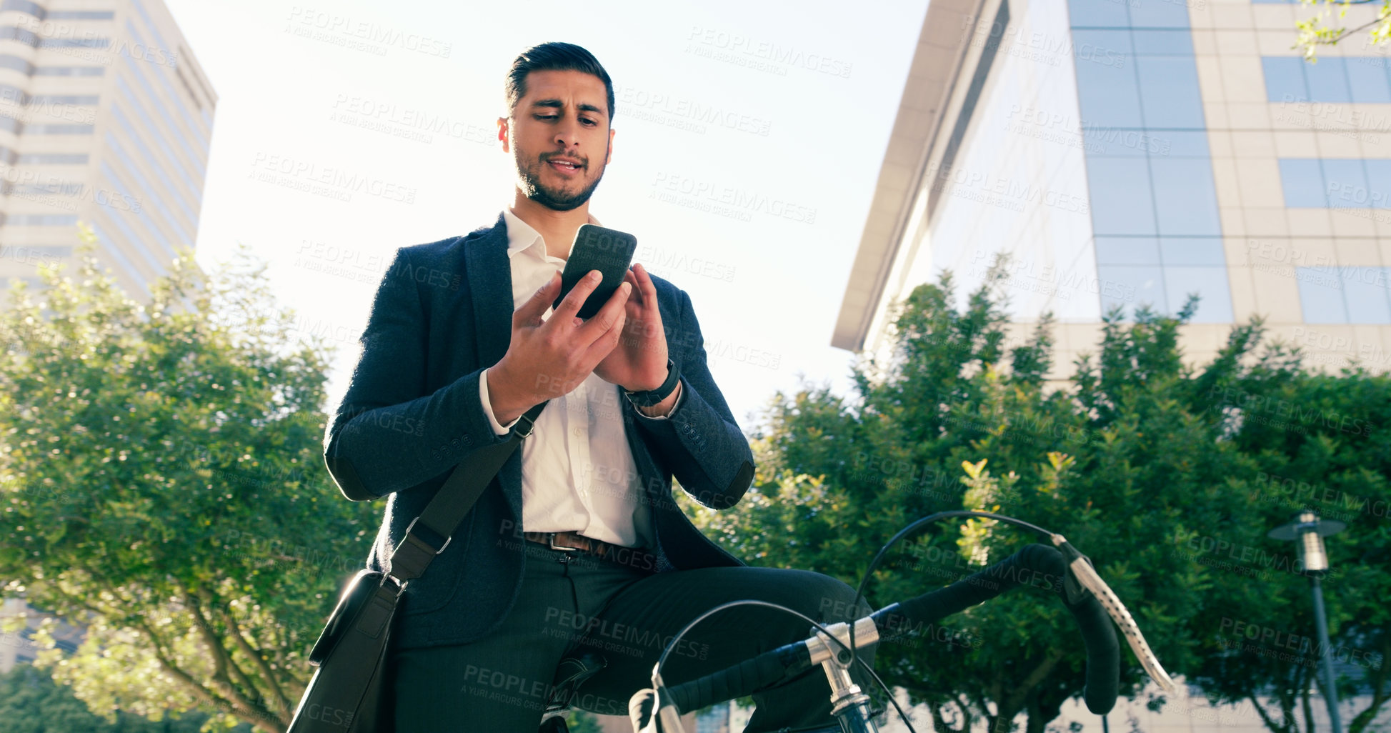 Buy stock photo Business man, city and smartphone with bicycle for travel, carbon footprint and sustainability. Connection, web and commute with professional in urban town, transport and bike journey for environment