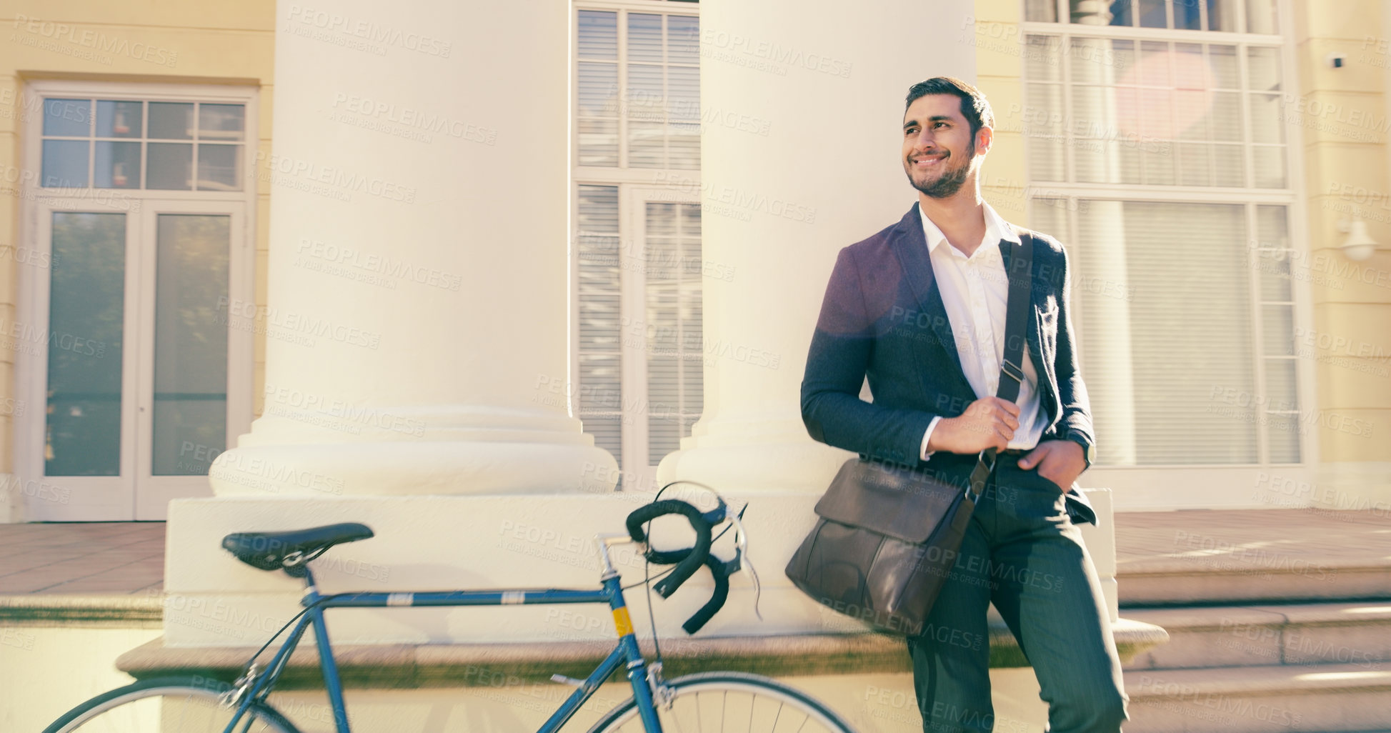 Buy stock photo Business, travel and man with bicycle in city for interview, appointment or new job opportunity. Carbon footprint, cycling and entrepreneur with eco friendly transport in London for recruitment offer