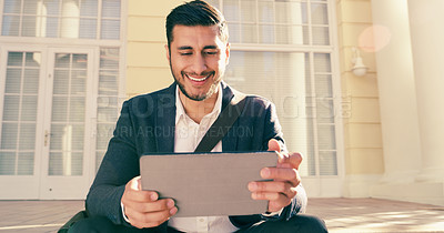 Buy stock photo Business man, tablet and reading in street with smile for notification, deal or email for story lead. Journalist, person and digital nomad on touchscreen for remote work, update or news on sidewalk 